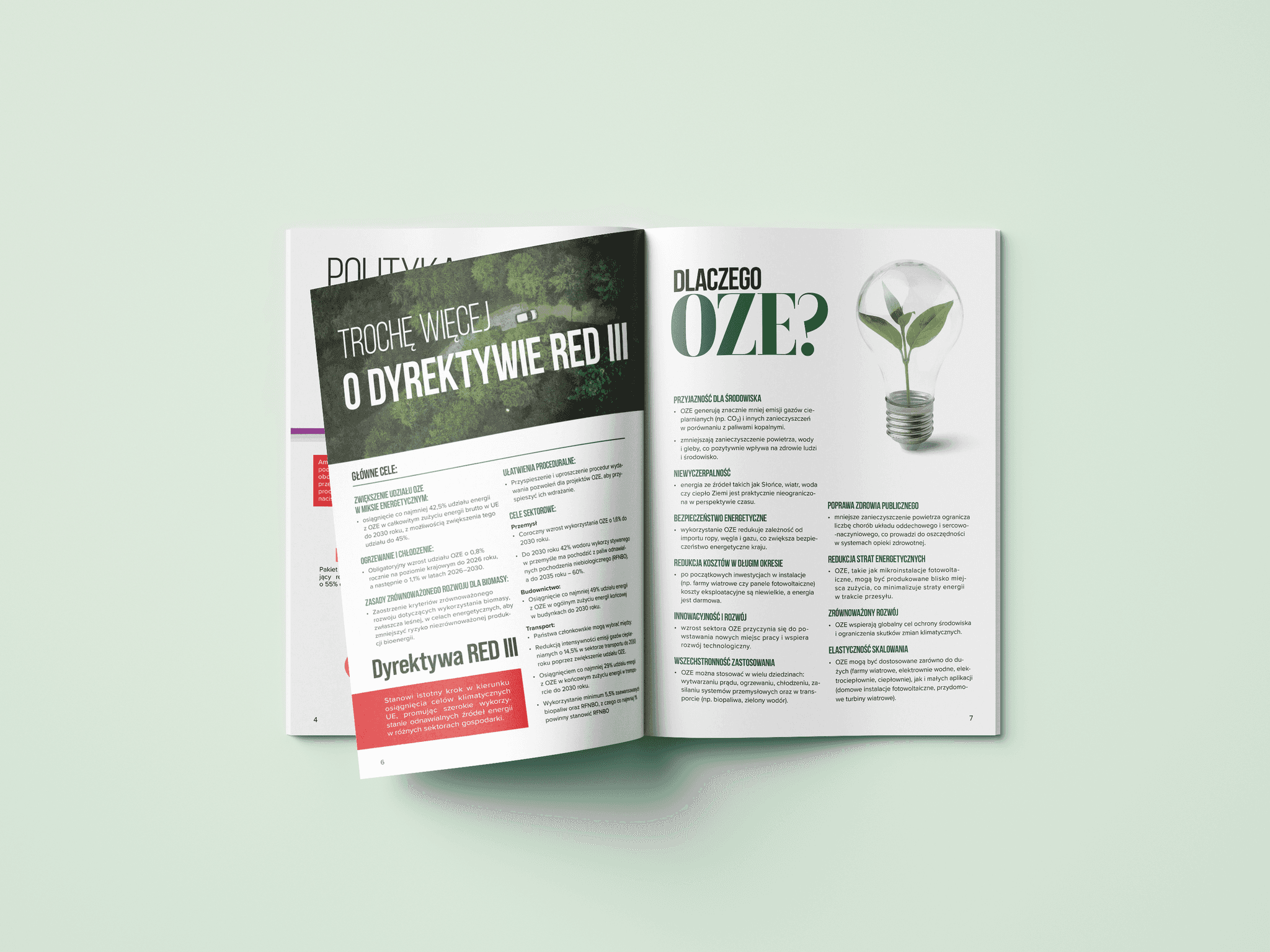 W przypadku tego konkretnego zdjęcia, opis alt powinien oddawać zarówno jego formę (broszura/layout), jak i kluczowy przekaz (ekologia/OZE).  Oto kilka propozycji, zależnie od tego, jak szczegółowy ma być opis: 1. Opis standardowy (najlepszy pod SEO i dostępność)      alt="Otwarta broszura informacyjna dotycząca dyrektywy RED III oraz odnawialnych źródeł energii (OZE) z grafiką żarówki, w której rośnie roślina