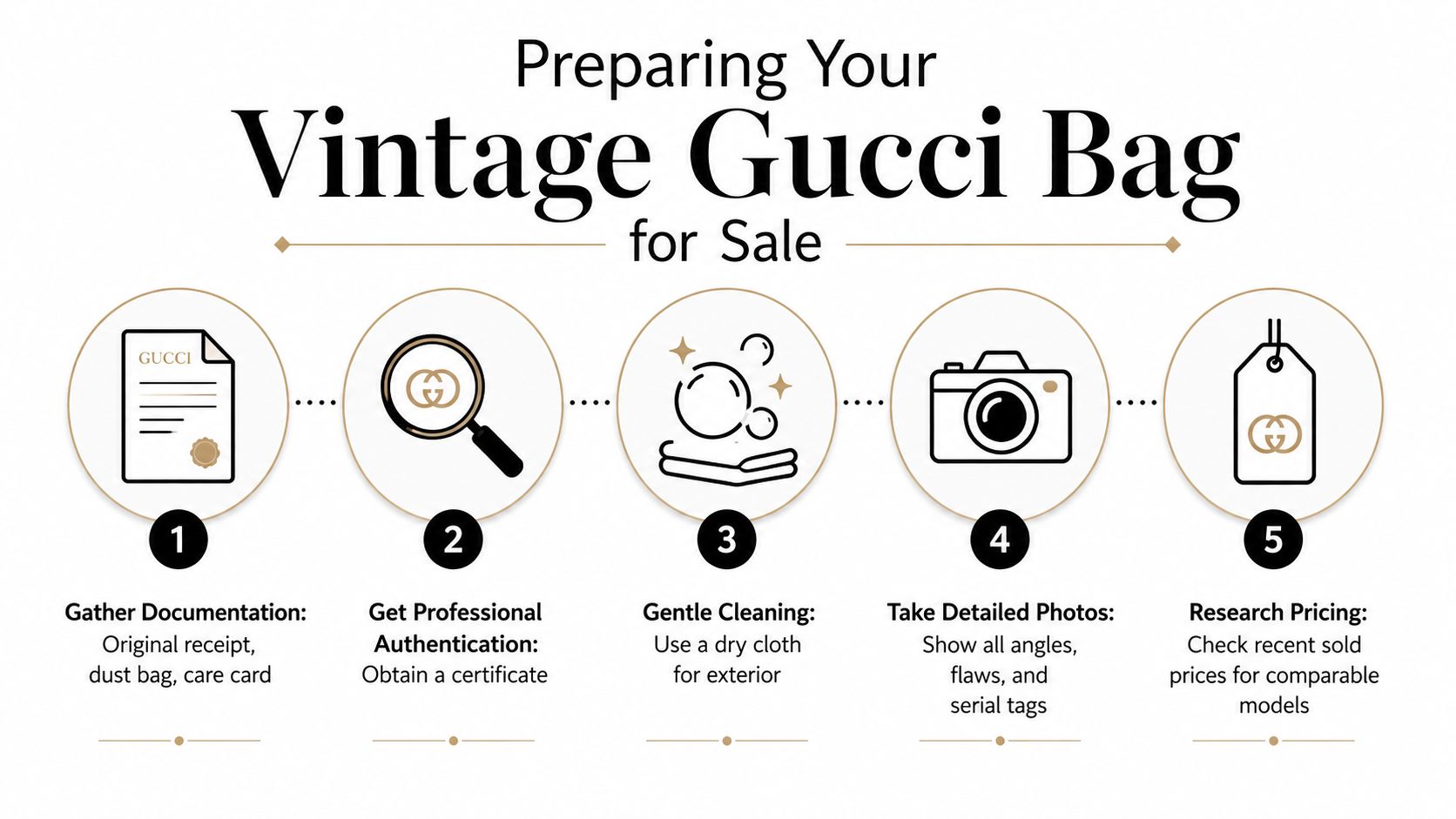 A five-step infographic guide on how to prepare a vintage Gucci bag for resale online.
