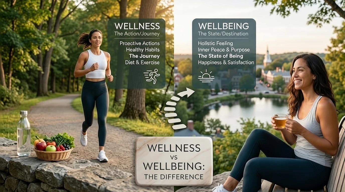 Comparison infographic showing wellness vs wellbeing differences