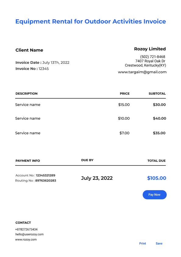 Equipment Rental for Outdoor Activities Invoice