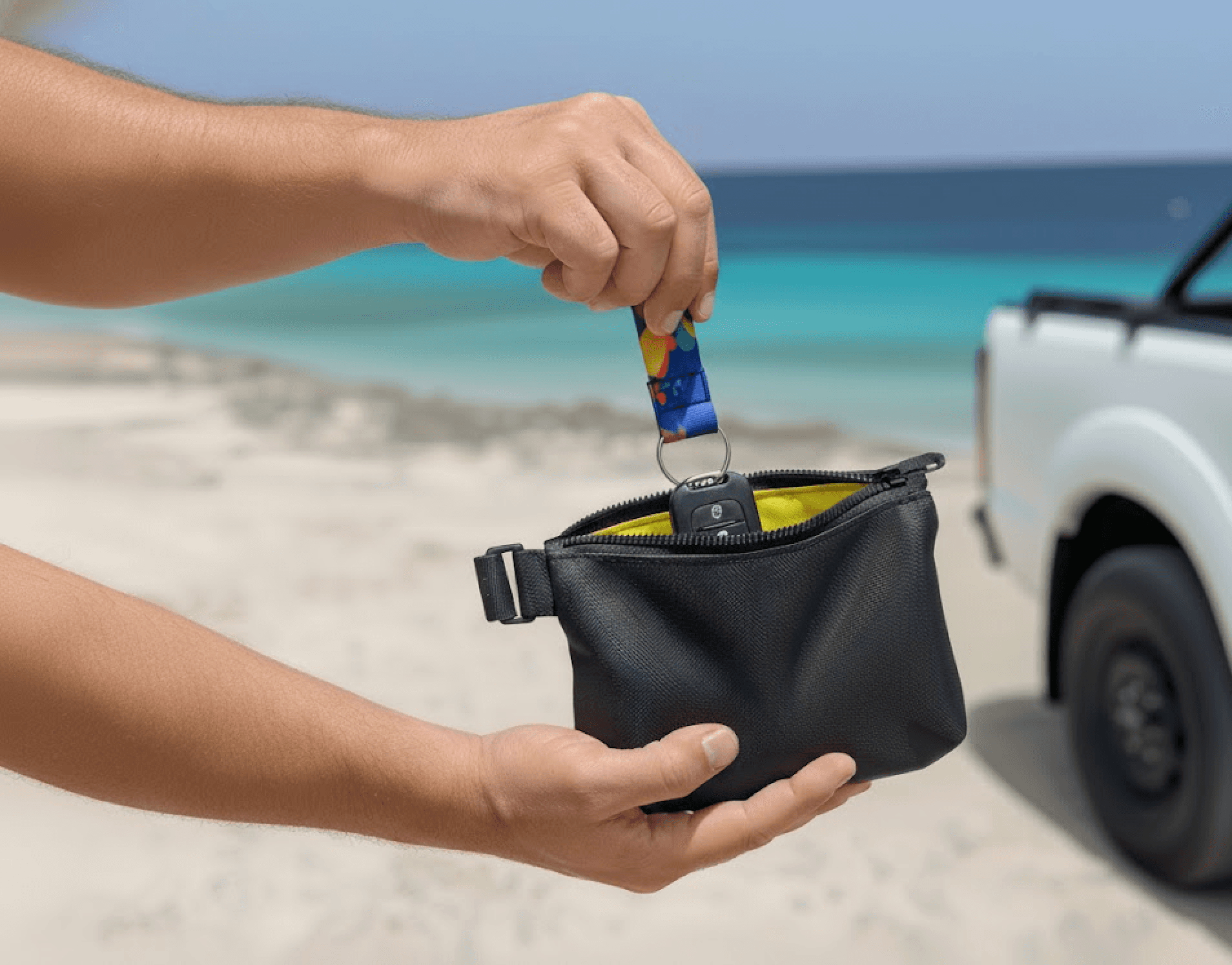 (AI) Hands storing car keys before diving session in bonaire