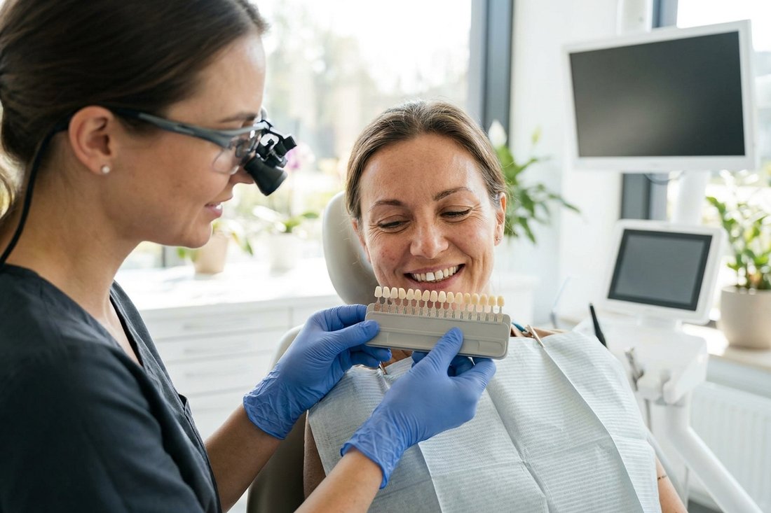 Dentist matching a tooth-colored shade guide to a patient's repaired front tooth after a chip repair