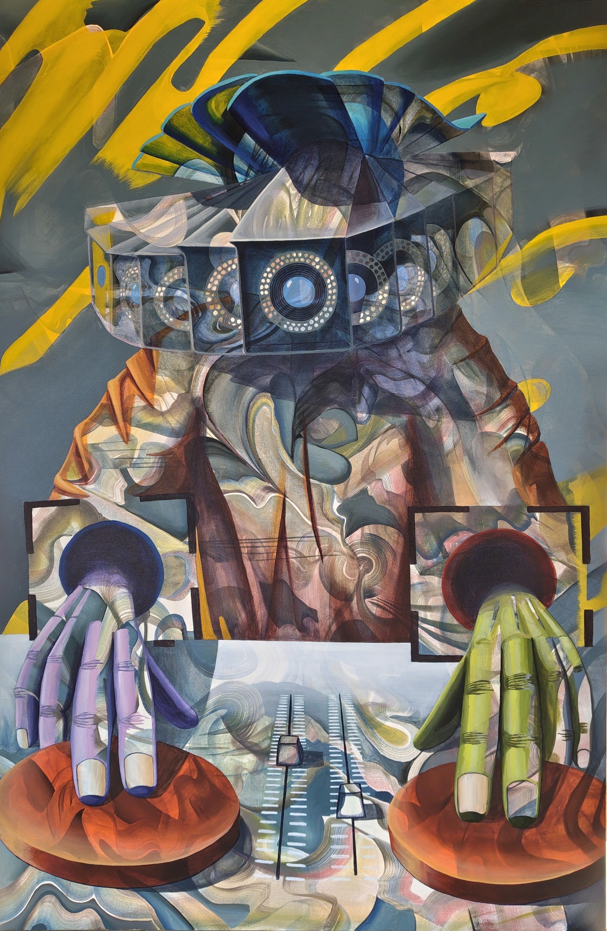 herd of sheep on road painting