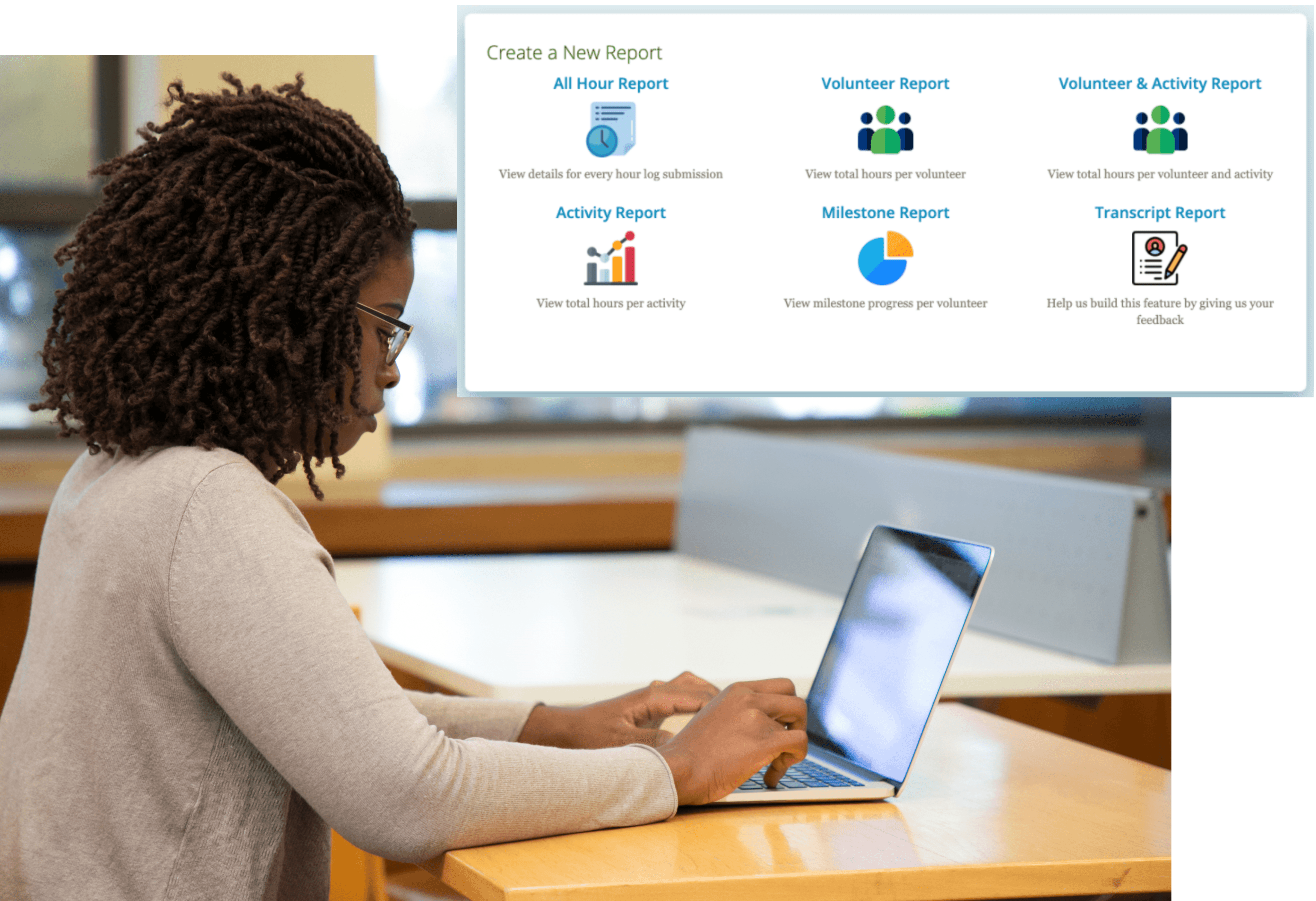 Photo of a school admin on her computer using Parent Track to generate reports on parent engagement and school community impact