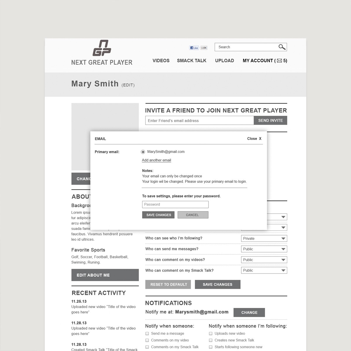 UI/UX wireframe design for Next Great Player sports social network profile settings page