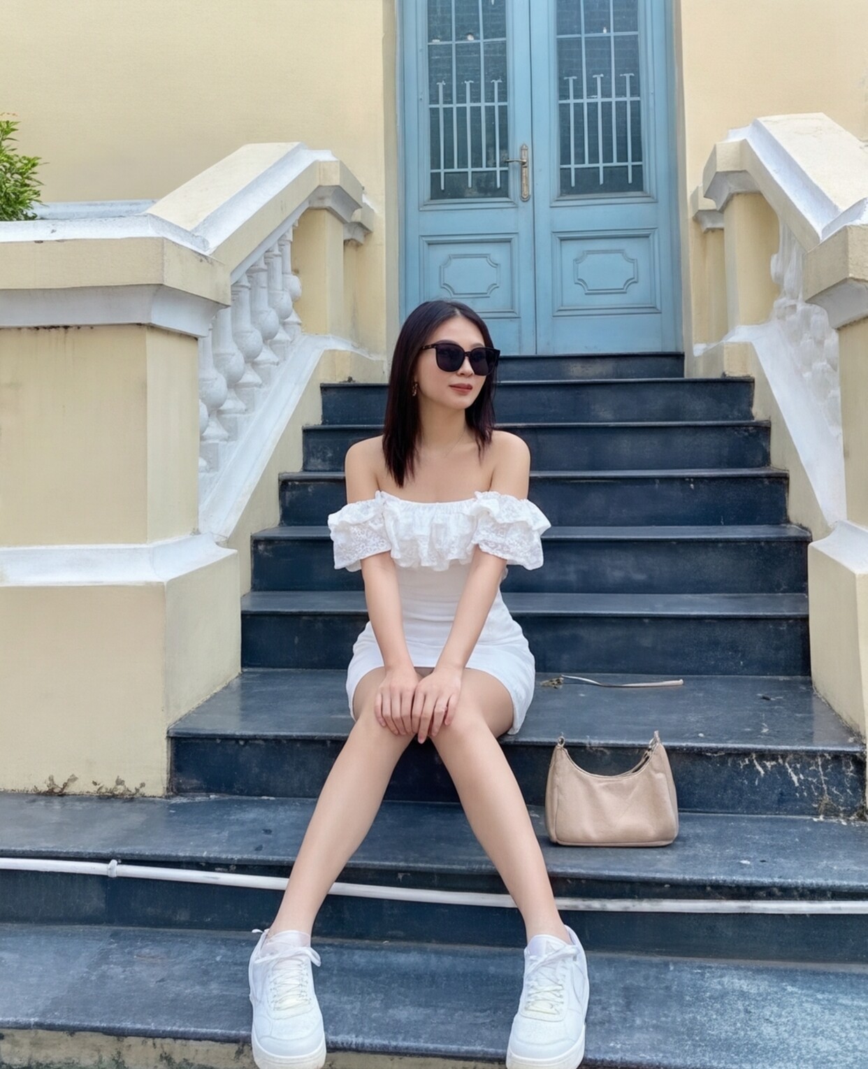 White Off-Shoulder Mini Dress with Sneakers