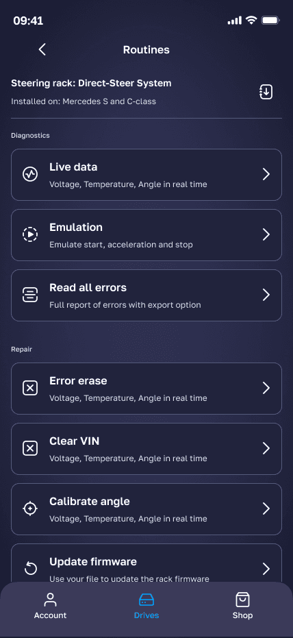 Mobile interface for advanced steering system testing and EPS motor calibration