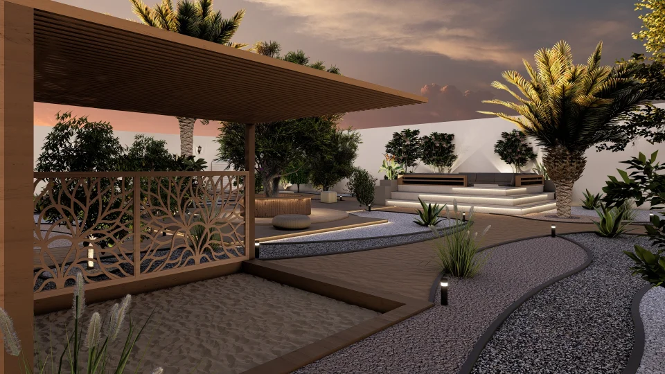 A stylish outdoor space at sunset, featuring a wooden pergola with decorative lattice panels, a gravel path, and various plants and trees. The area includes a modern lounge with cushioned seating, illuminated steps, and well-maintained landscaping.