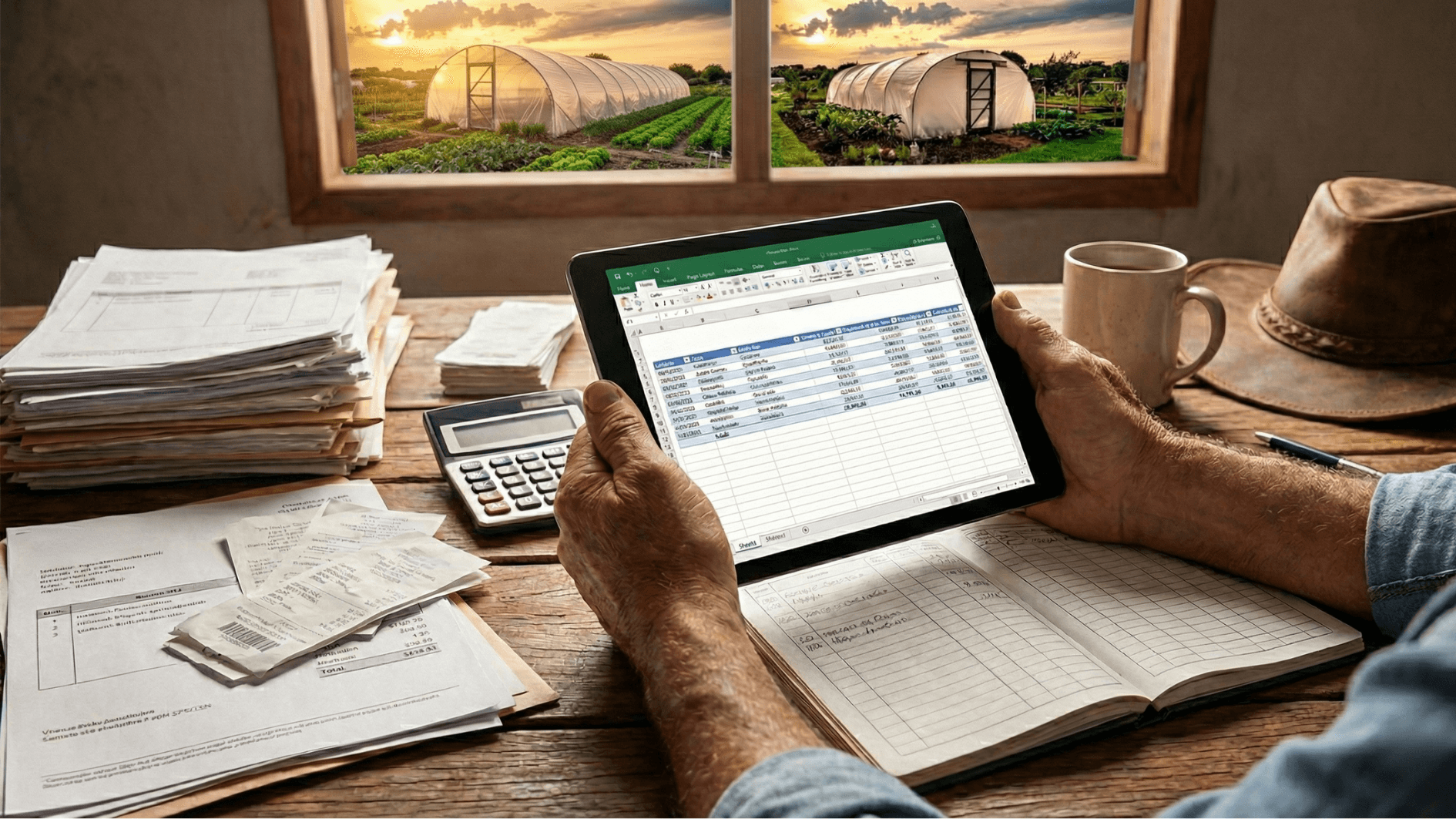 : Dashboard financeiro em tablet sobre mesa rústica com lavoura ao fundo, ilustrando gestão de contas a pagar e receber no agro.