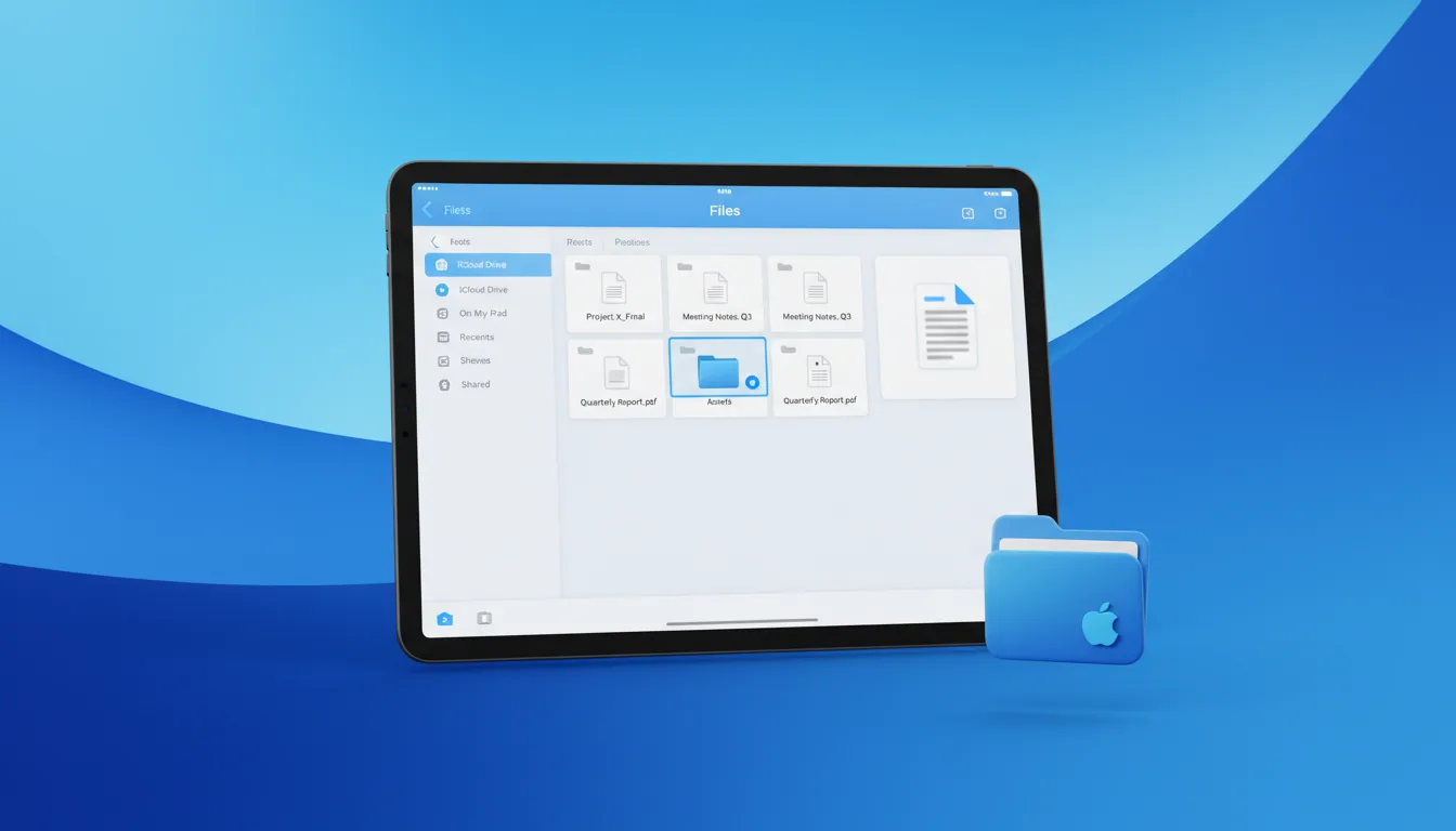 A 3D product render of a black iPad Pro in landscape orientation, displaying the Apple iPadOS "Files" app in Clean Light Mode against a vibrant blue abstract gradient background with soft curves. The UI features a three-column layout with a left sidebar, a central file list with placeholder text and icons, and a right preview pane, with a vibrant blue accent color for the selected item. A 3D blue folder app icon floats in the bottom right corner, casting a soft shadow. Soft global illumination, polished marketing aesthetic, minimalist design.