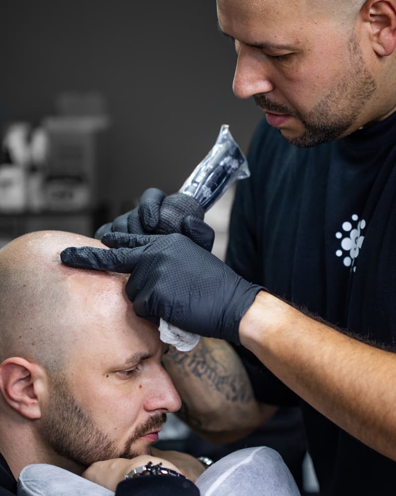 Igor Mahovlic – Master Artist für Scalp Micropigmentation bei einer SMP Behandlung am Haaransatz eines männlichen Kunden