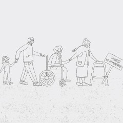 Portada de Trabajo invisible, estudio de IdeaPaís, mostrando una ilustración de personas que realizan una fila, uno de ellos en silla de ruedas y otra con un andador para ayudarse a caminar. 