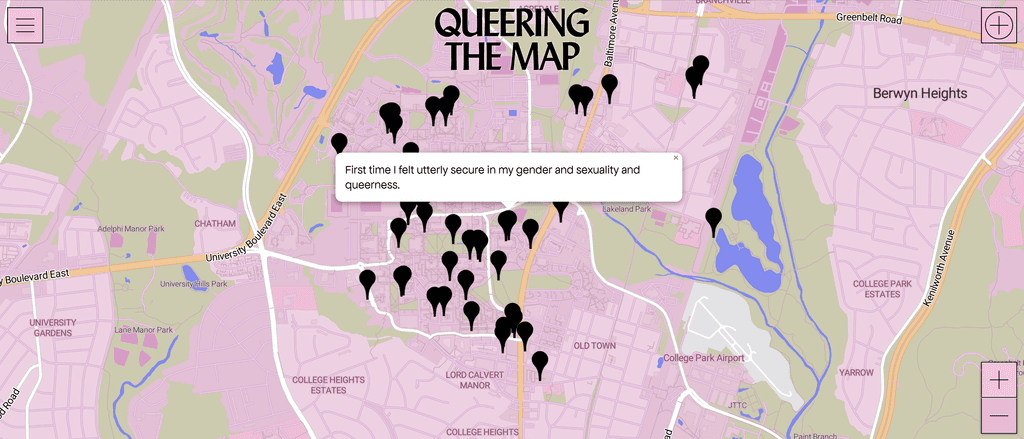 A picture from Queering the Map showing College Park. One pin says "First time I felt utterly secure in my gender and sexuality and queerness."