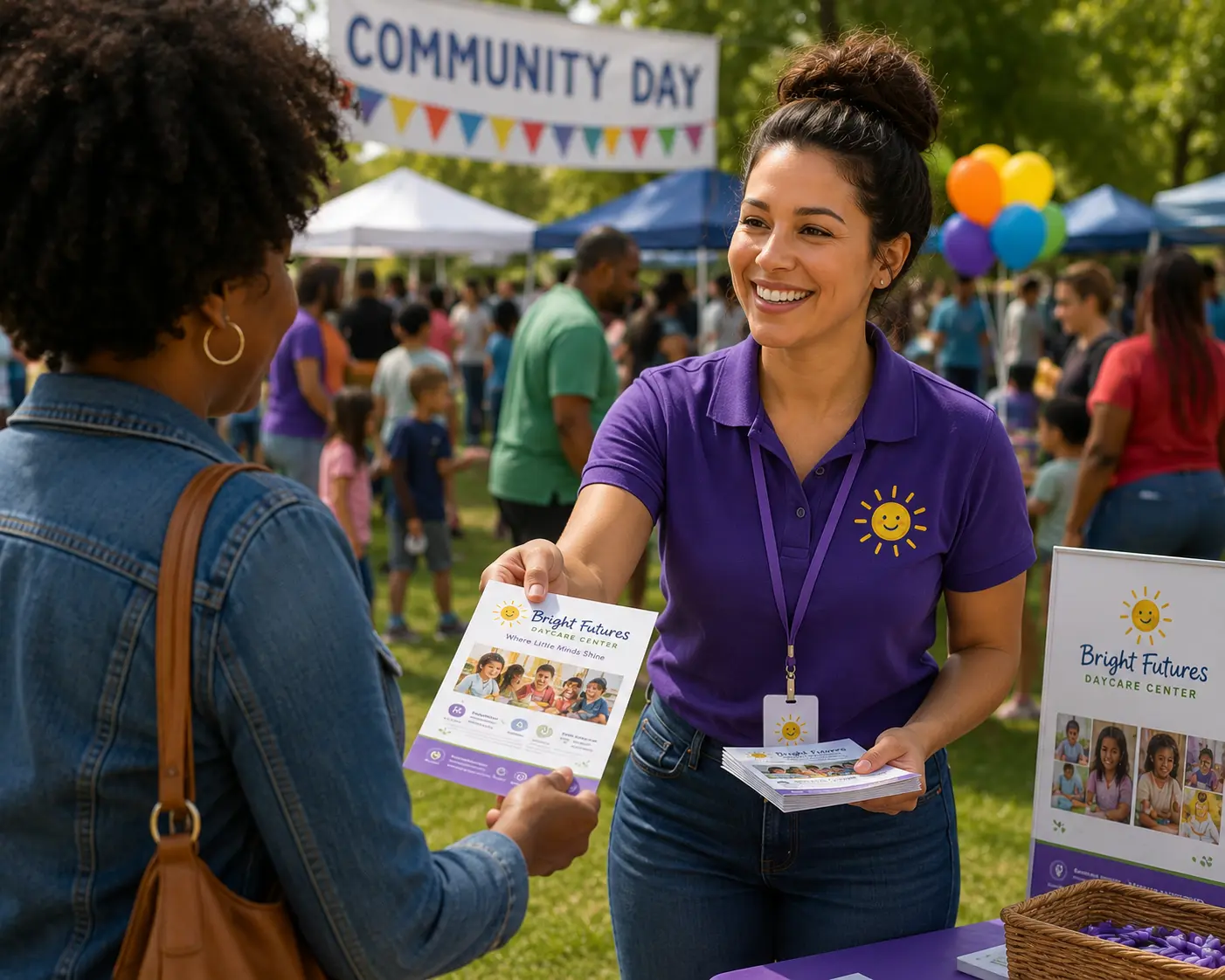 A woman in a purple shirt hands a flyer to another woman while a crowd is behind them with a "community day" sign