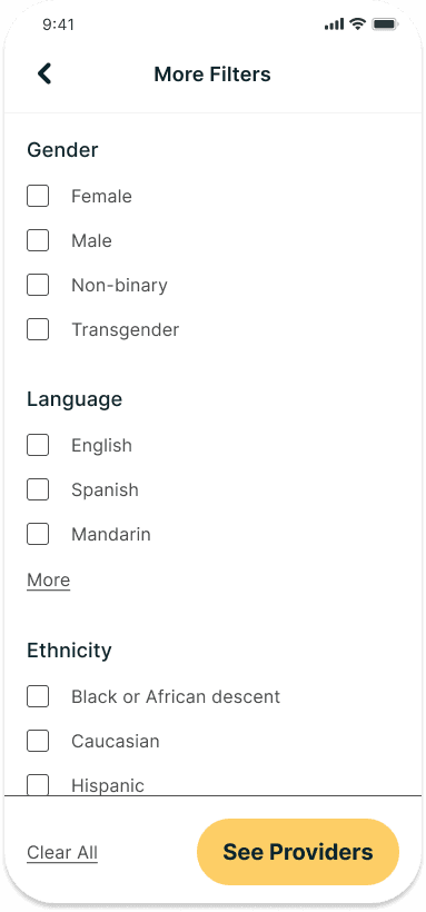 Screenshot of a new filter created to improve the search capability of the therapy directory.