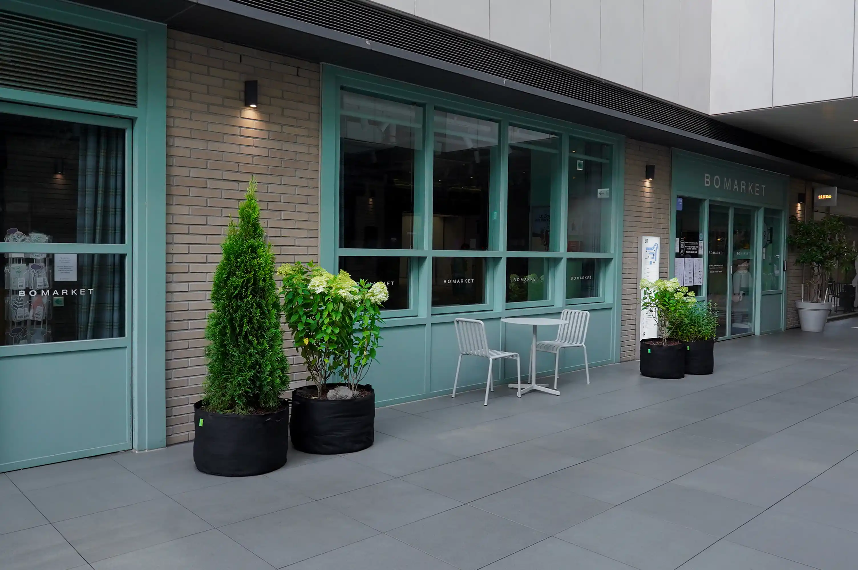 민트색 창문 앞에 하얀 테이블이 놓여 있고, 벽에 붙은 간접 조명 아래를 향나무와 수국 꽃나무로 꾸몄다. 테라스 플랜테리어 사례