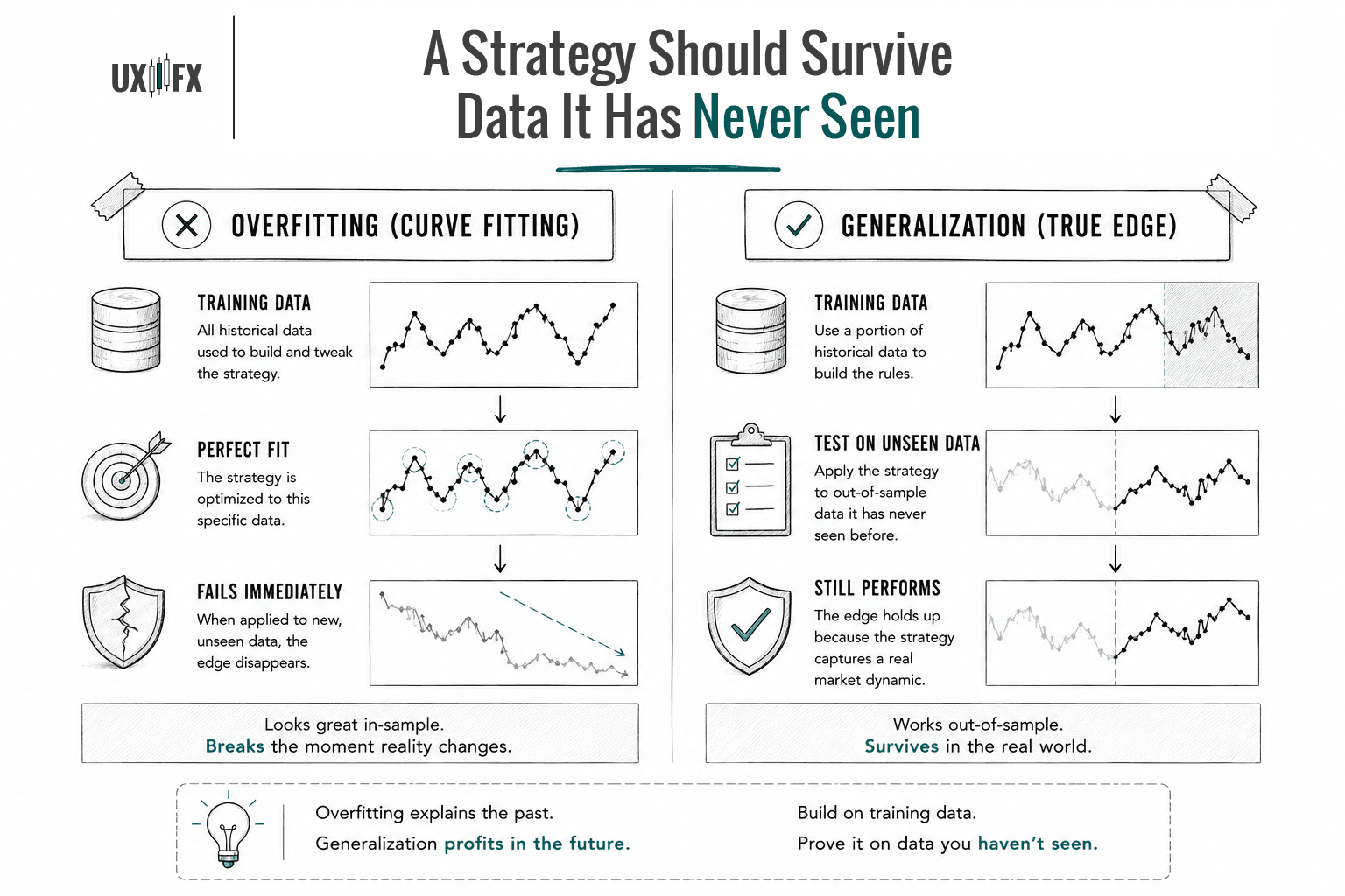 Side-by-side infographic comparing overfitting with genuine strategy robustness. One side shows a strategy optimized to historical data that immediately fails on unseen data, while the other demonstrates building rules on training data and validating them using out-of-sample testing. The graphic explains why successful strategies must perform well on data they were never designed around.