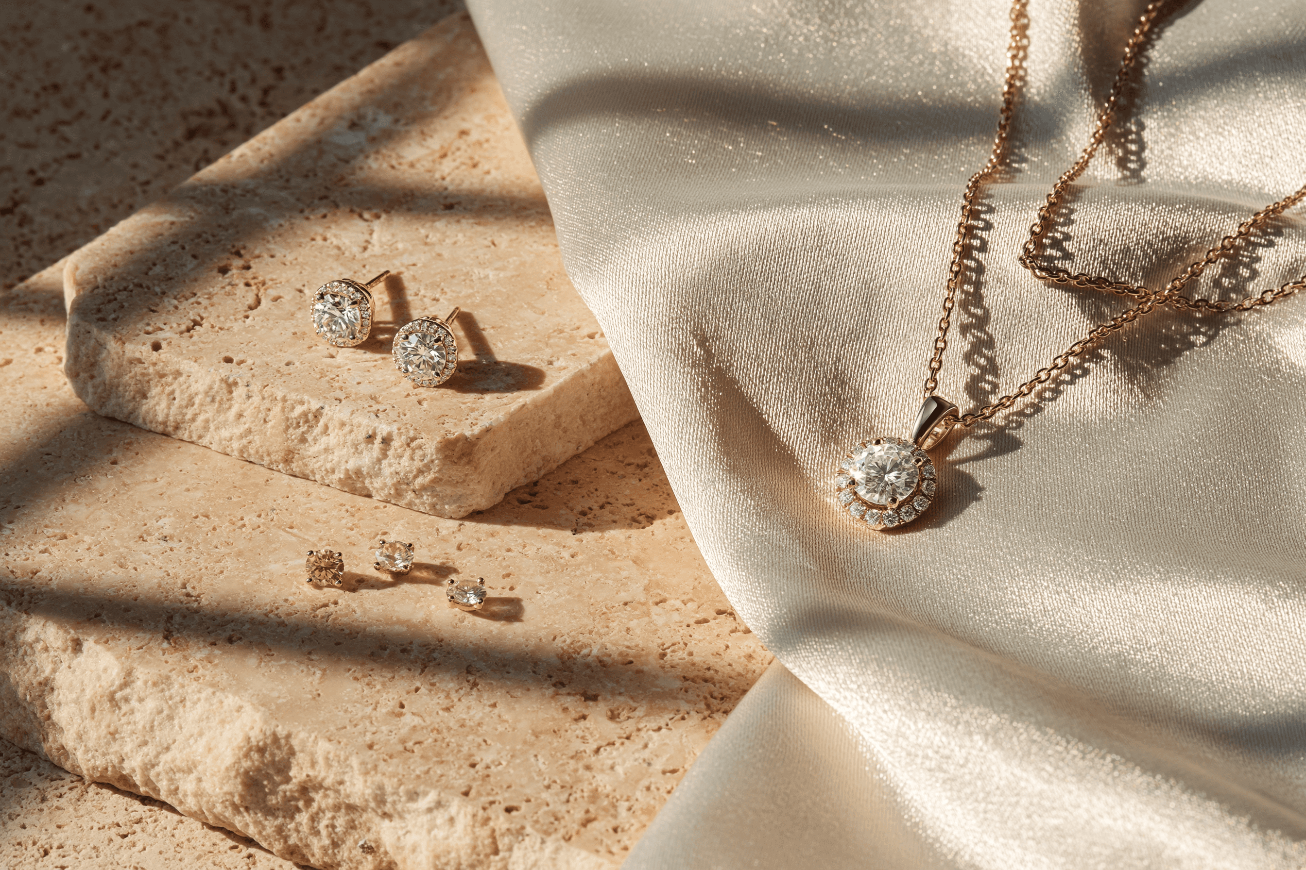 A gold necklace with a round diamond pendant rests on shimmering white fabric, while two pairs of diamond stud earrings—one larger with halos, one smaller and simpler—are displayed on textured beige stone tiles, all illuminated by warm natural light.