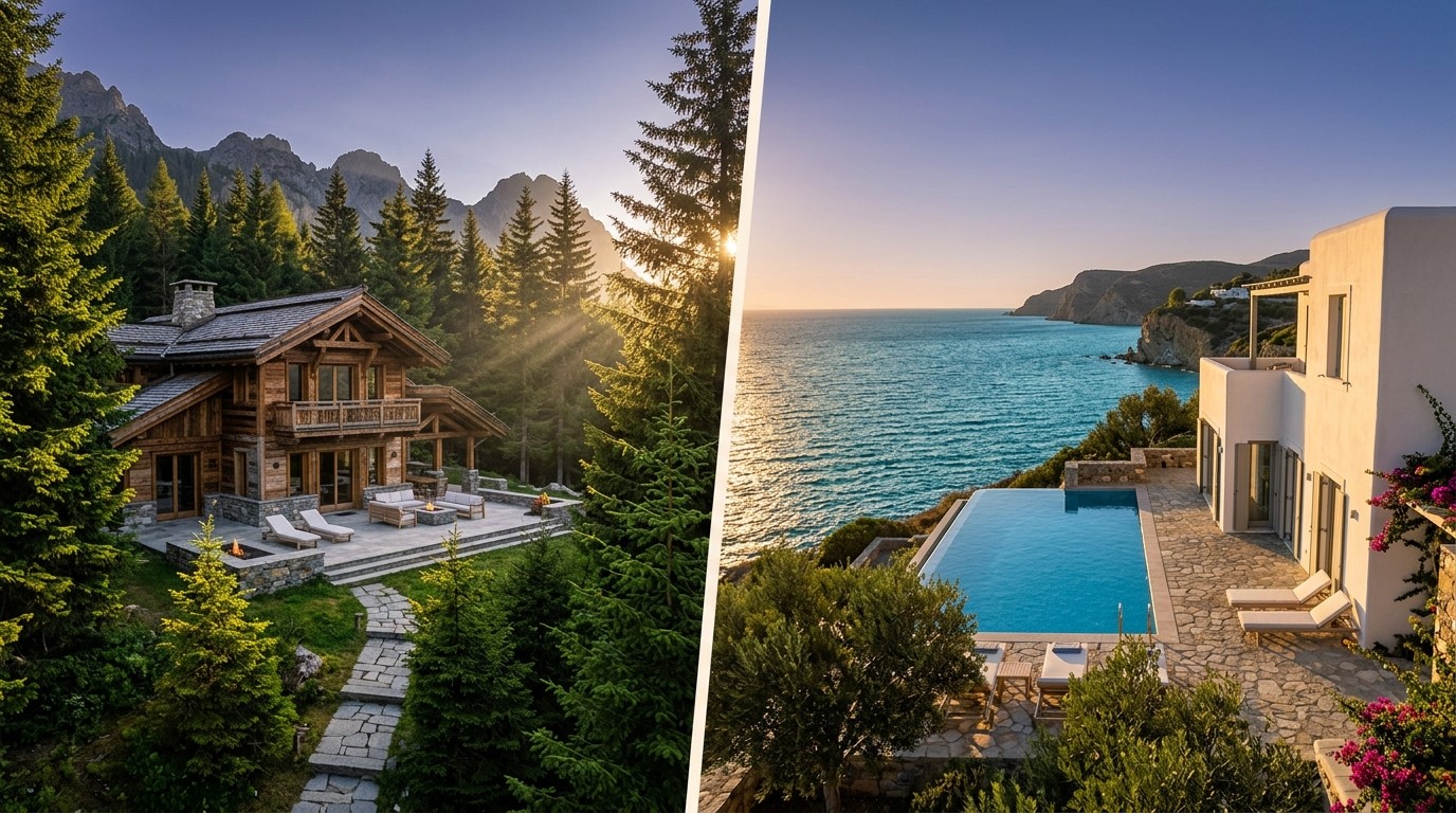 A mountain lodge and a seaside villa side by side at golden hour