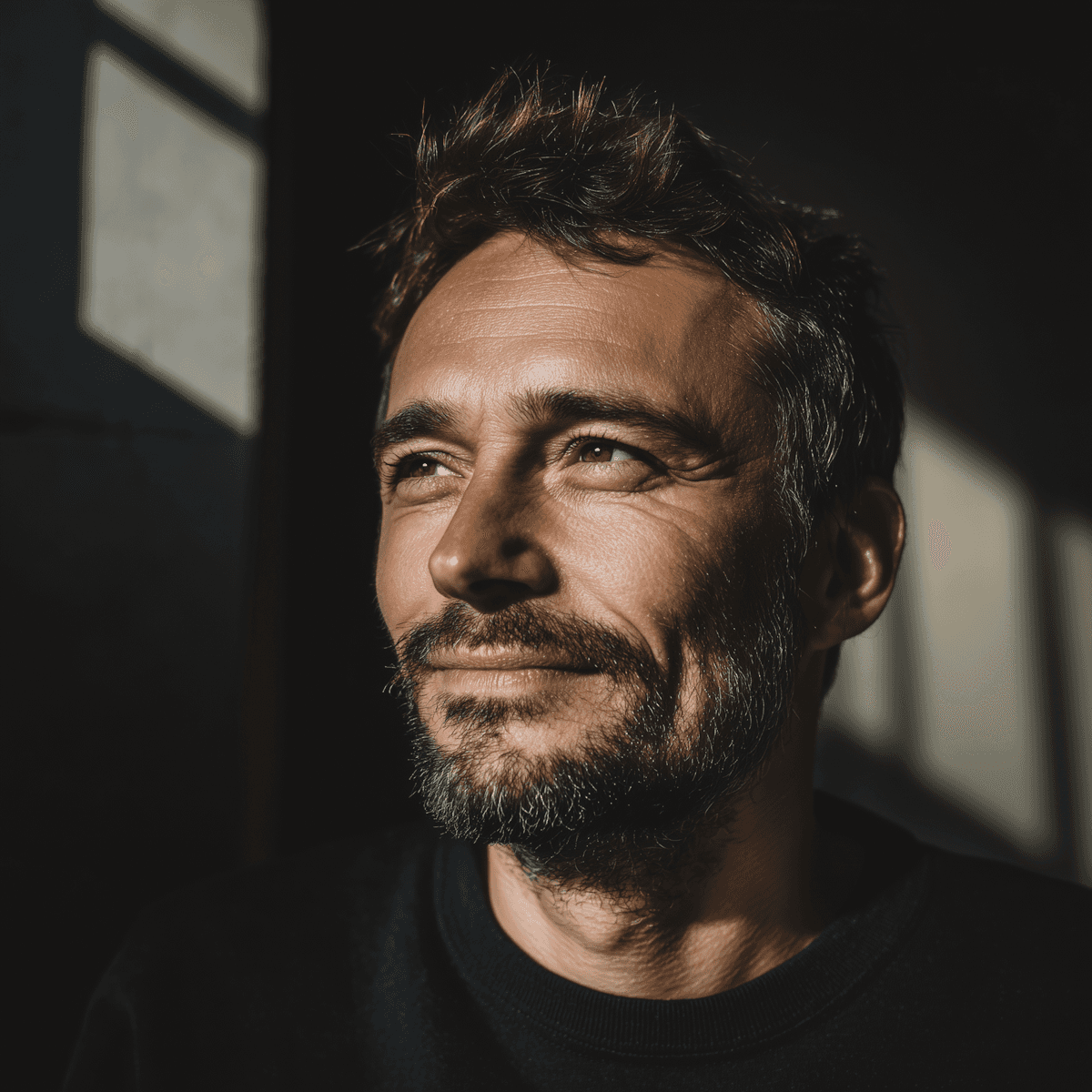 Close-up portrait of a bearded man smiling slightly, illuminated by direct sunlight.