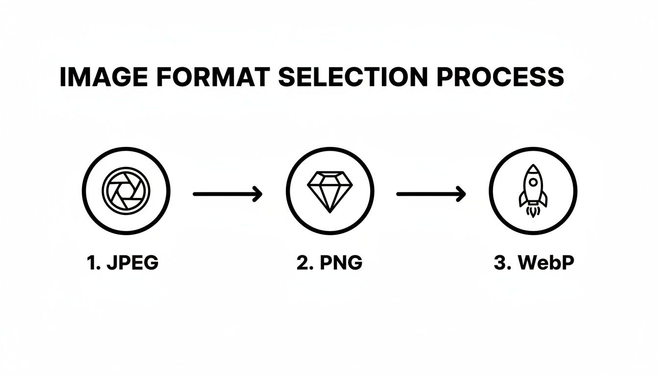 Flowchart showing the recommended image format selection process from JPEG to PNG to WebP for web optimization.