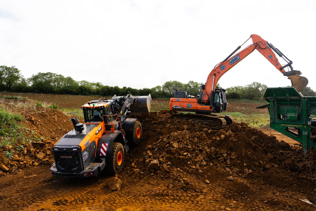 Excavator and loading shovel deployed on a construction site as part of heavy plant hire operations for bulk earthworks.