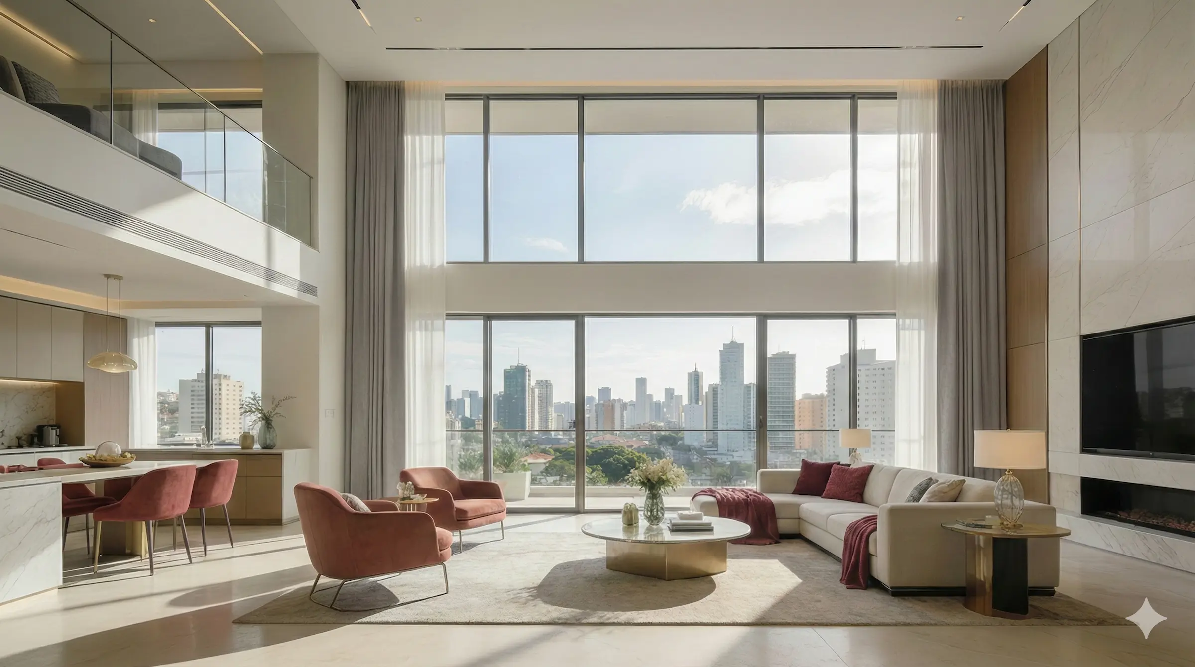 Sala de estar de um imóvel luxuoso. Pé direito duplo, tons de vermelho e bege.