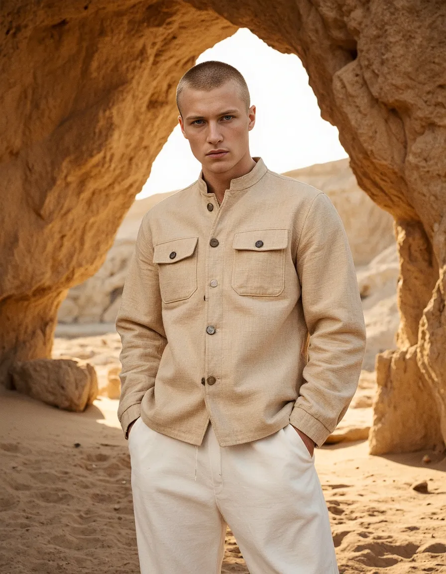 Fashion portrait featuring a beige utility shirt and white pants, framed within a natural stone arch in a desert landscape.