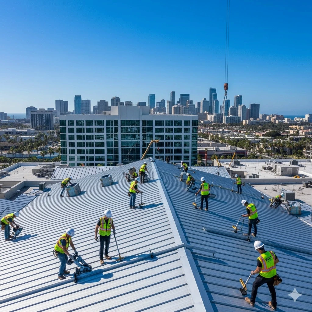 roofing contractors installing a new roof on a large commercial building.