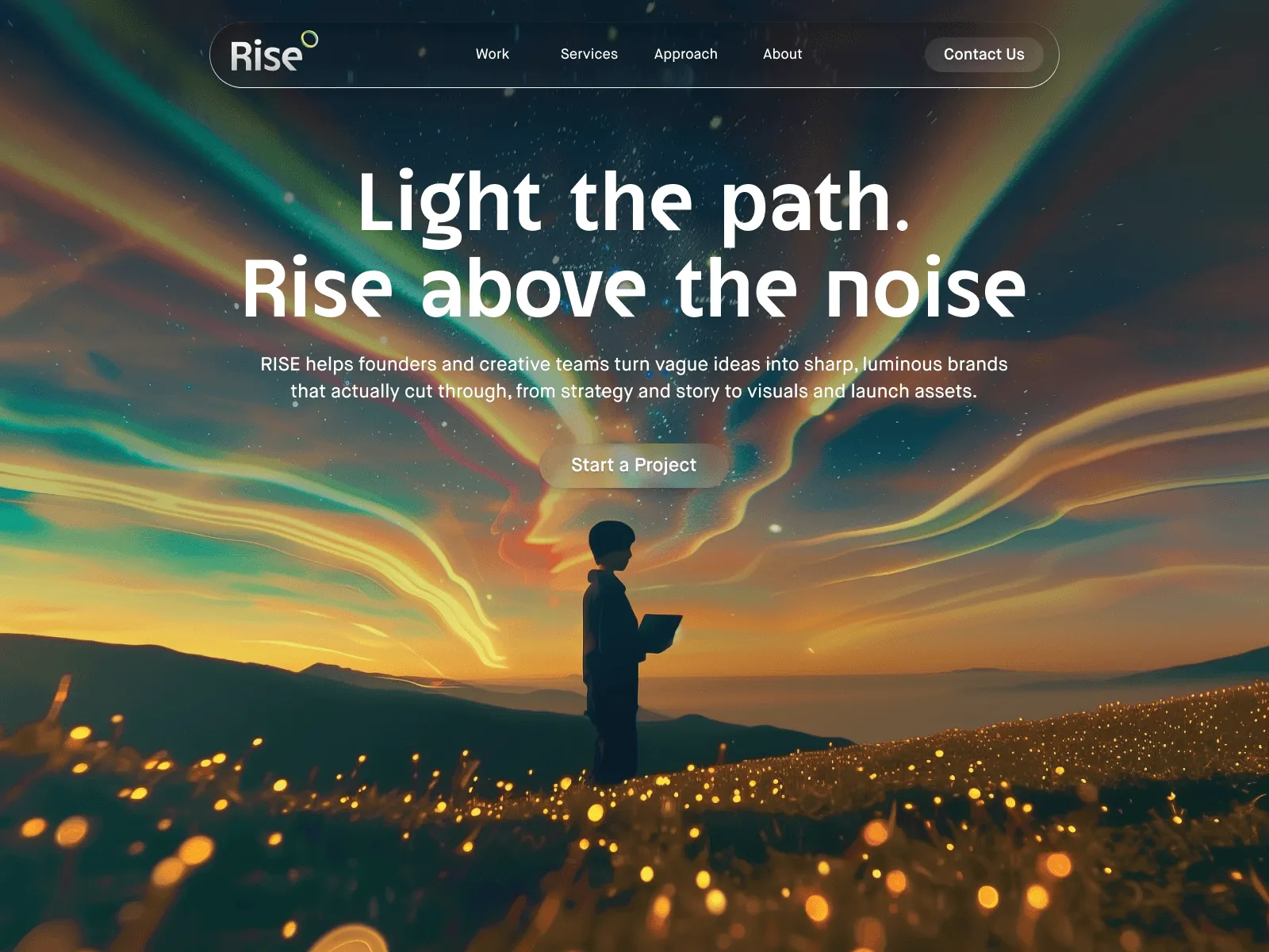 A person stands in a field, gazing at a vibrant sky filled with colorful clouds and light streaks.