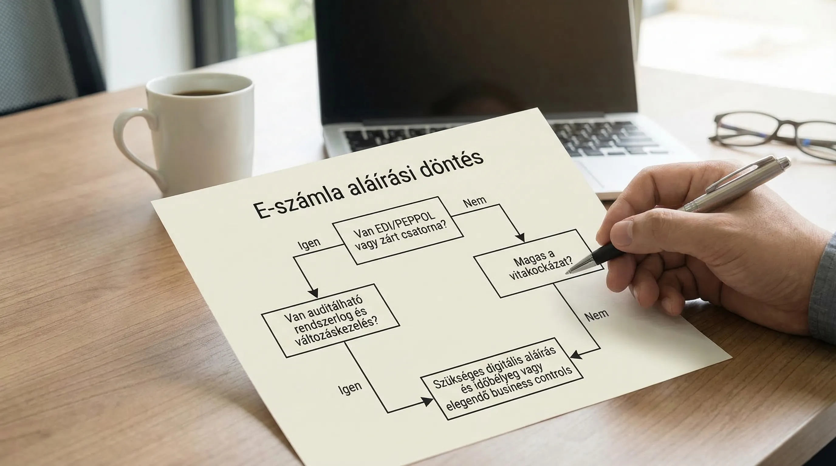 A simple decision tree for deciding whether to use digital signatures for e-invoices: “Do you have EDI/PEPPOL or a secure channel?” -> “Do you have auditable system logs and change management?” -> “Is the risk of disputes high?” -> “Is a digital signature and timestamp required, or are business controls sufficient?”