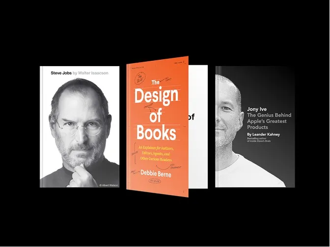 Three book covers: Steve Jobs, The Design of Books, Jony Ive.