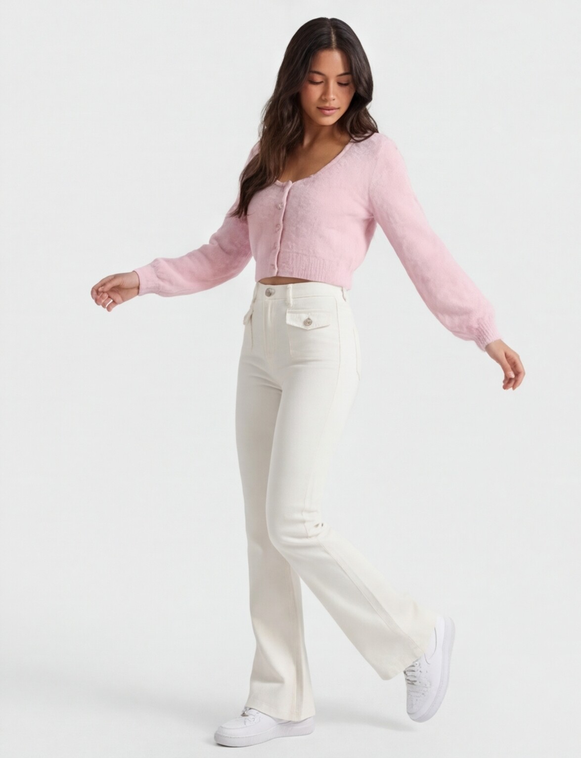 White Cami with Pale Pink Cardigan and Cream Wide Pants