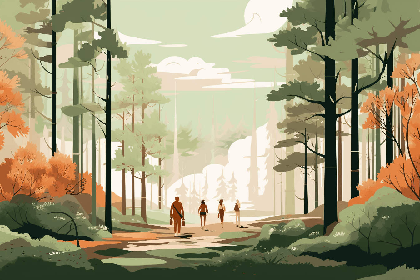 Illustration of people walking in the forest