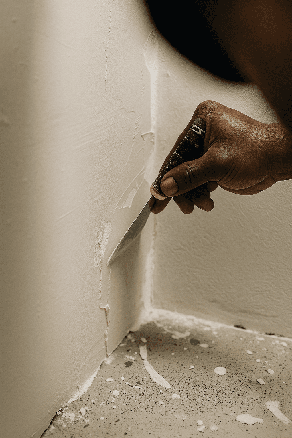 Une main utilise un couteau à gratter pour enlever le plâtre d'un coin de mur blanc. La poussière et les débris s'éparpillent sur le sol en béton moucheté, témoignant de la rénovation.