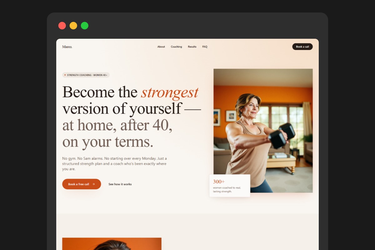 AI-generated personal trainer website with specific prompt — warm, on-brand layout targeting women over 40