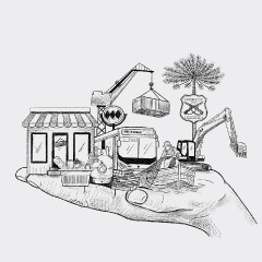 Portada de Cumplimiento de promesas de la Cuenta Pública del Presidente Boric 2023, seguimiento gubernamental de IdeaPaís, mostrando una ilustración de una mano que sostiene distintos objetos que evocan Chile, como una araucanía, el símbolo del metro y una micro. 