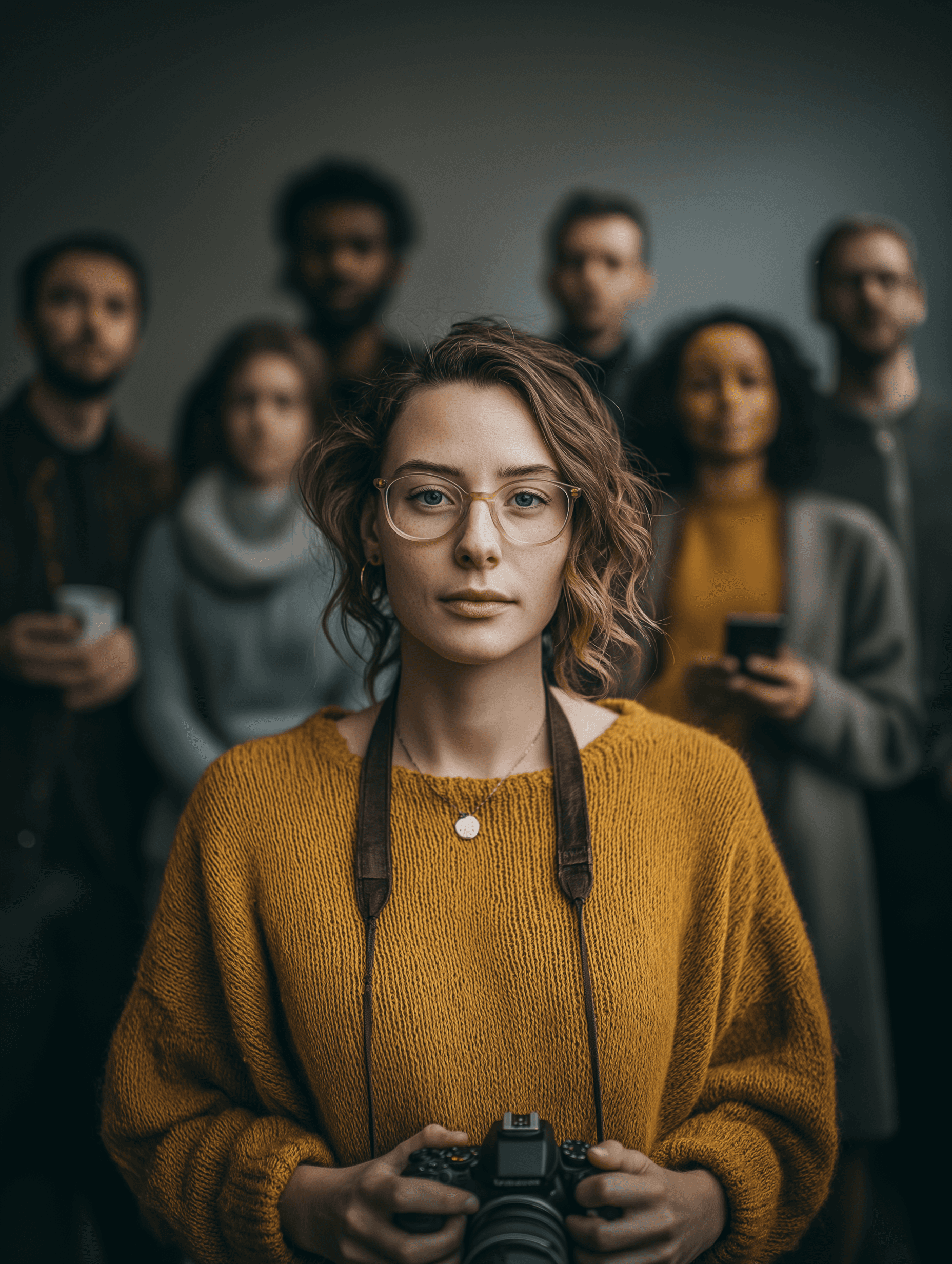 A young person with curly hair smiles at the camera while sitting in front of a laptop against a dark background.