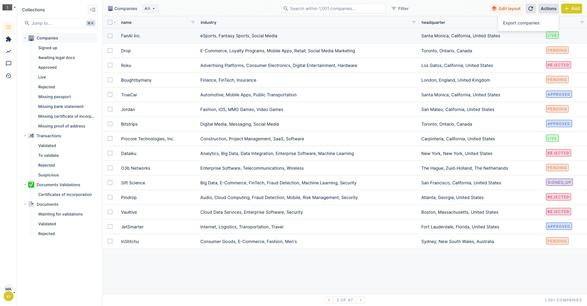 The Forest Admin interface showing a collection with the action dropdown opened.