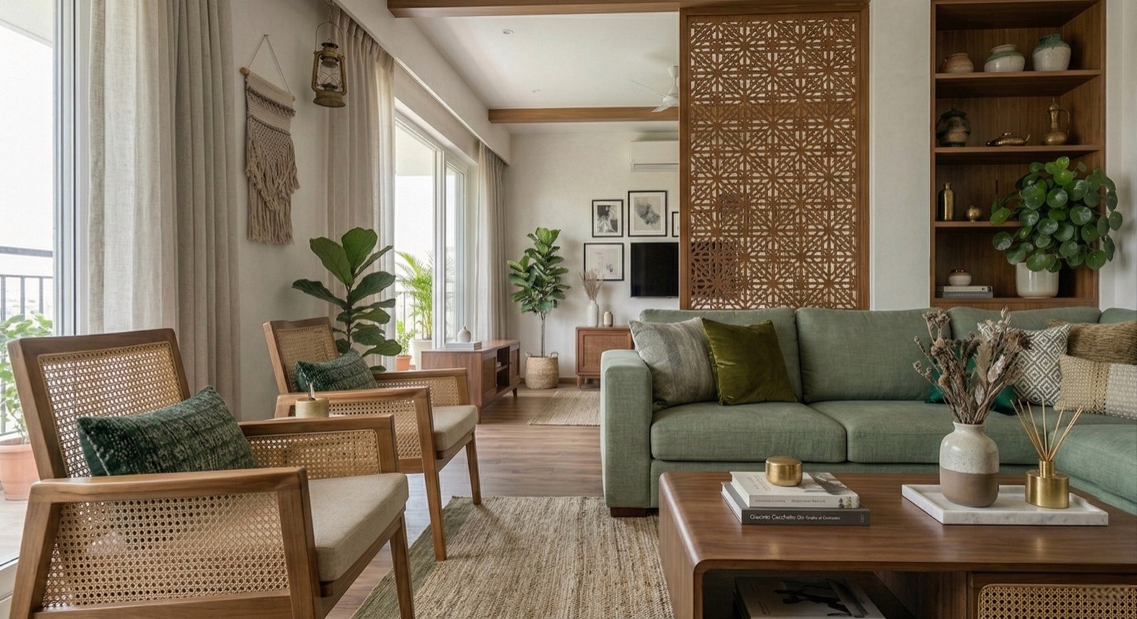 Vintage-modern living room with tufted sofas, false ceiling, and layered warm lighting.