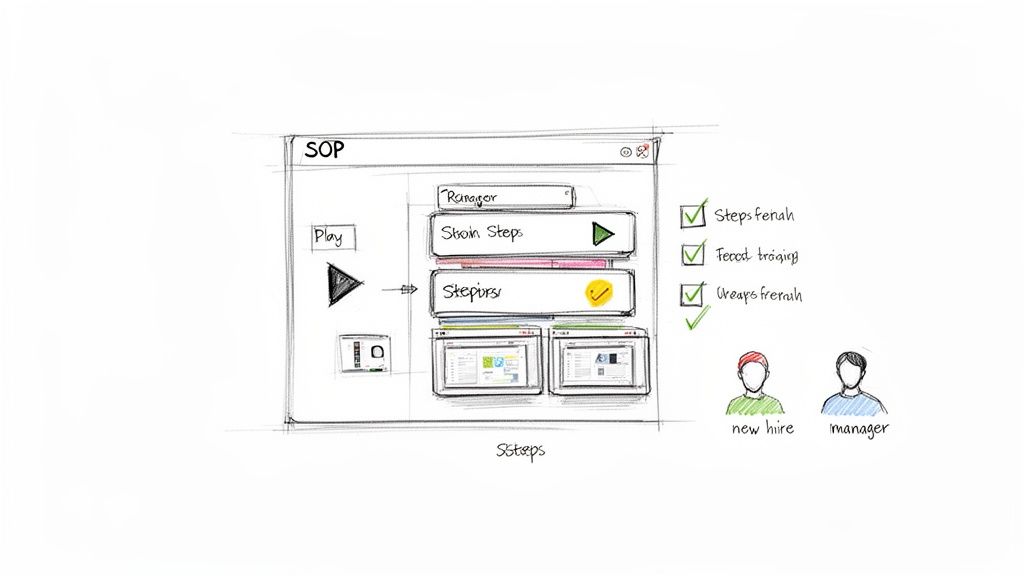Sketch of a Standard Operating Procedure (SOP) interface showing steps, progress, and user roles.
