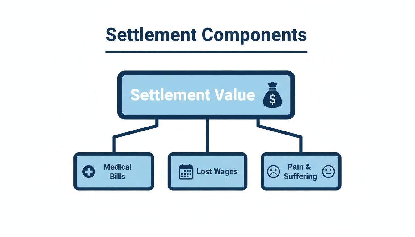 A diagram illustrating settlement components: medical bills, lost wages, and pain & suffering.