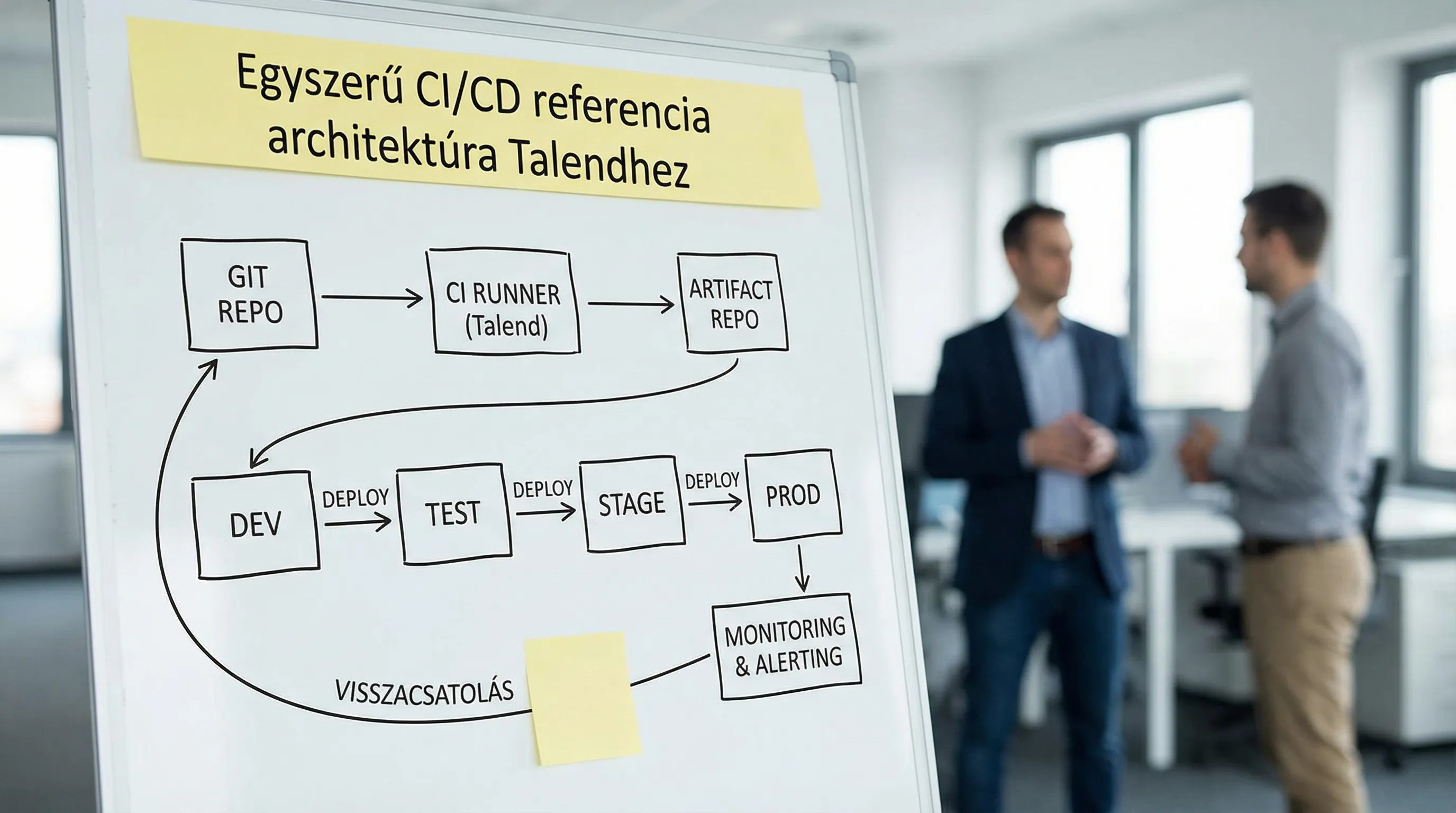 Egyszerű CI/CD referencia architektúra Talendhez: Git repo, CI runner, artifact repository, deploy lépés dev-test-stage-prod környezetekre, majd monitorozás és riasztások visszacsatolással.