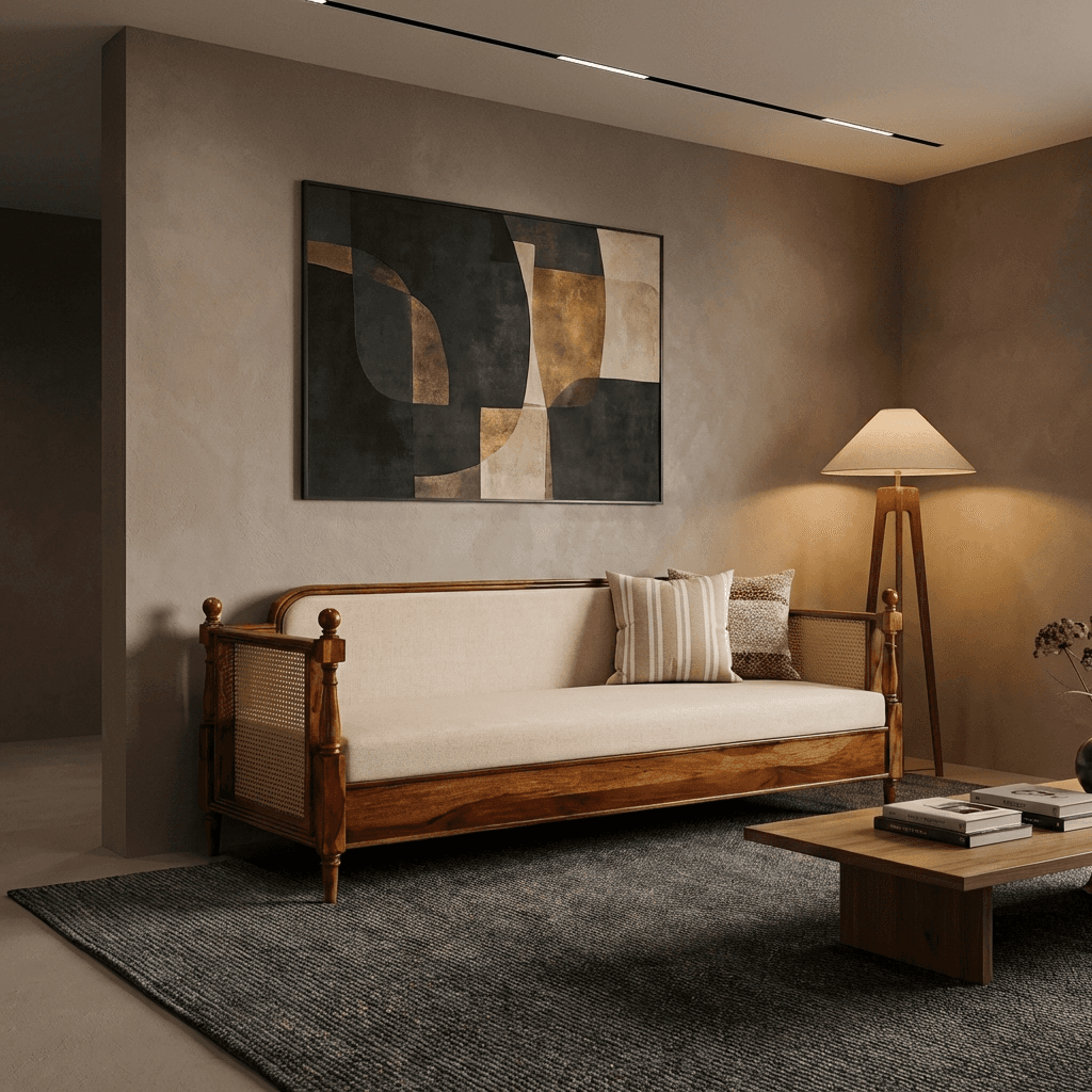 A minimal three‑seater daybed‑style design with clean geometry and an exposed wooden frame.