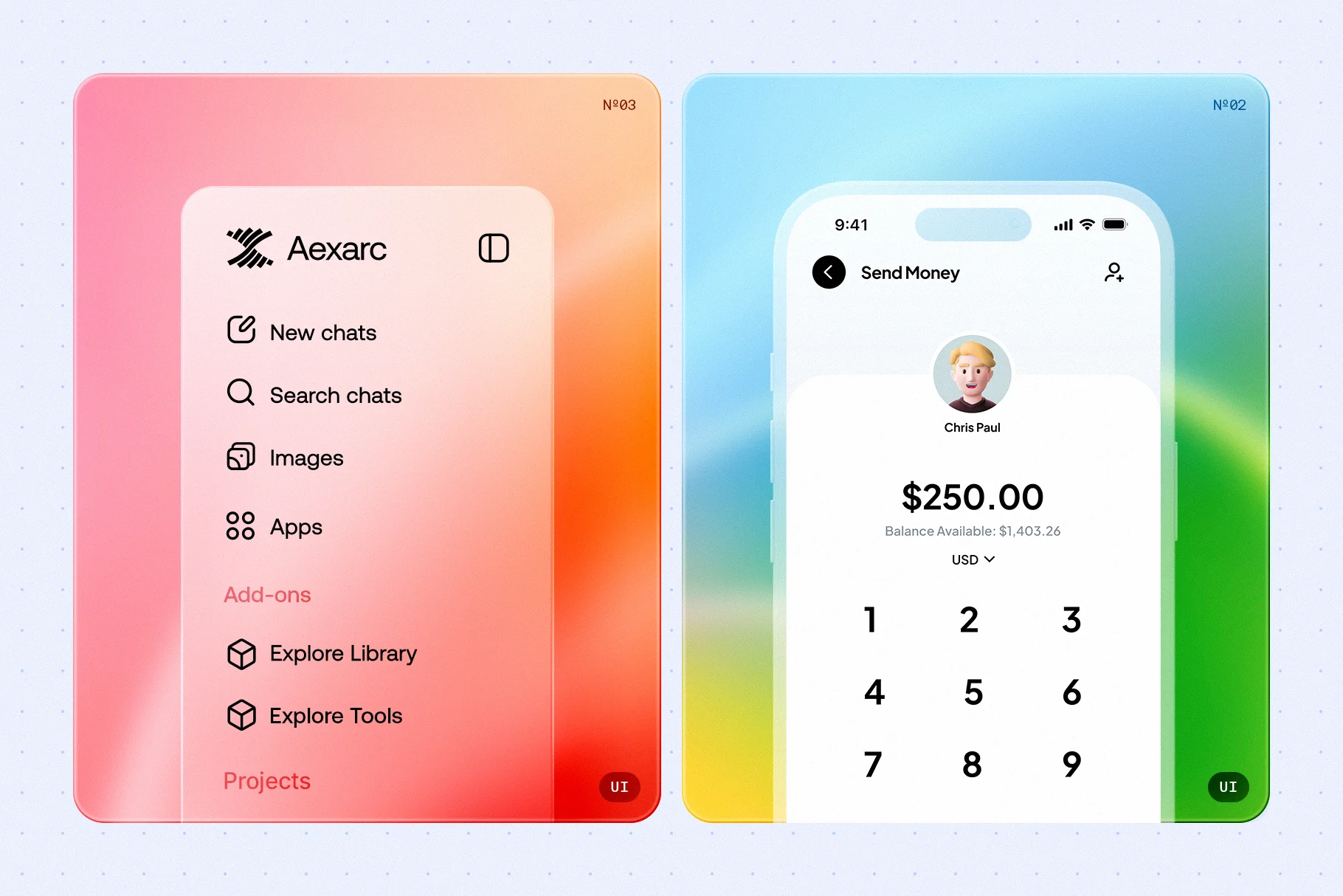 Waveblur gradient backgrounds showcased in app design, dashboard interfaces and fintech UI projects.