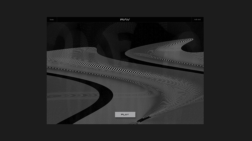 A black and white abstract image featuring curved, wave-like patterns in varying shades of gray against a black background. A thin, dark line runs diagonally across the image, intersecting the curves. In the bottom right corner, a small white rectangle contains the text "PLAY" in black. Above the rectangle, the word "WAV" is displayed in white capital letters.