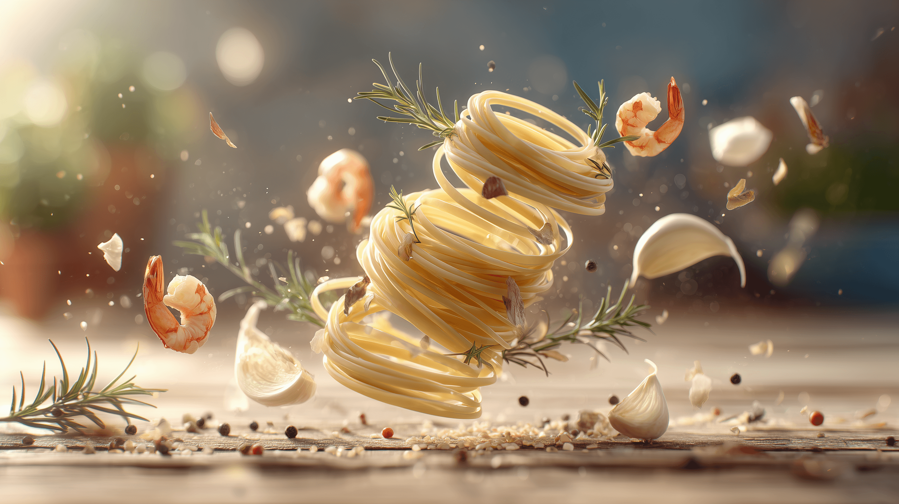 Swirling pasta with shrimp and spices.