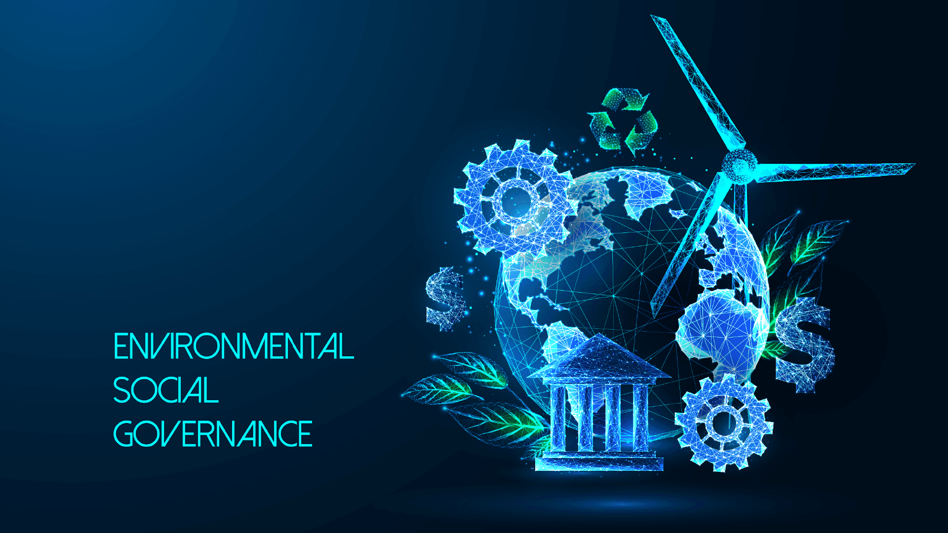 A digital illustration depicting "Environmental Social Governance" with symbolic elements including a globe, leaves, gears, a wind turbine, and currency signs, representing sustainable development and financial stewardship.