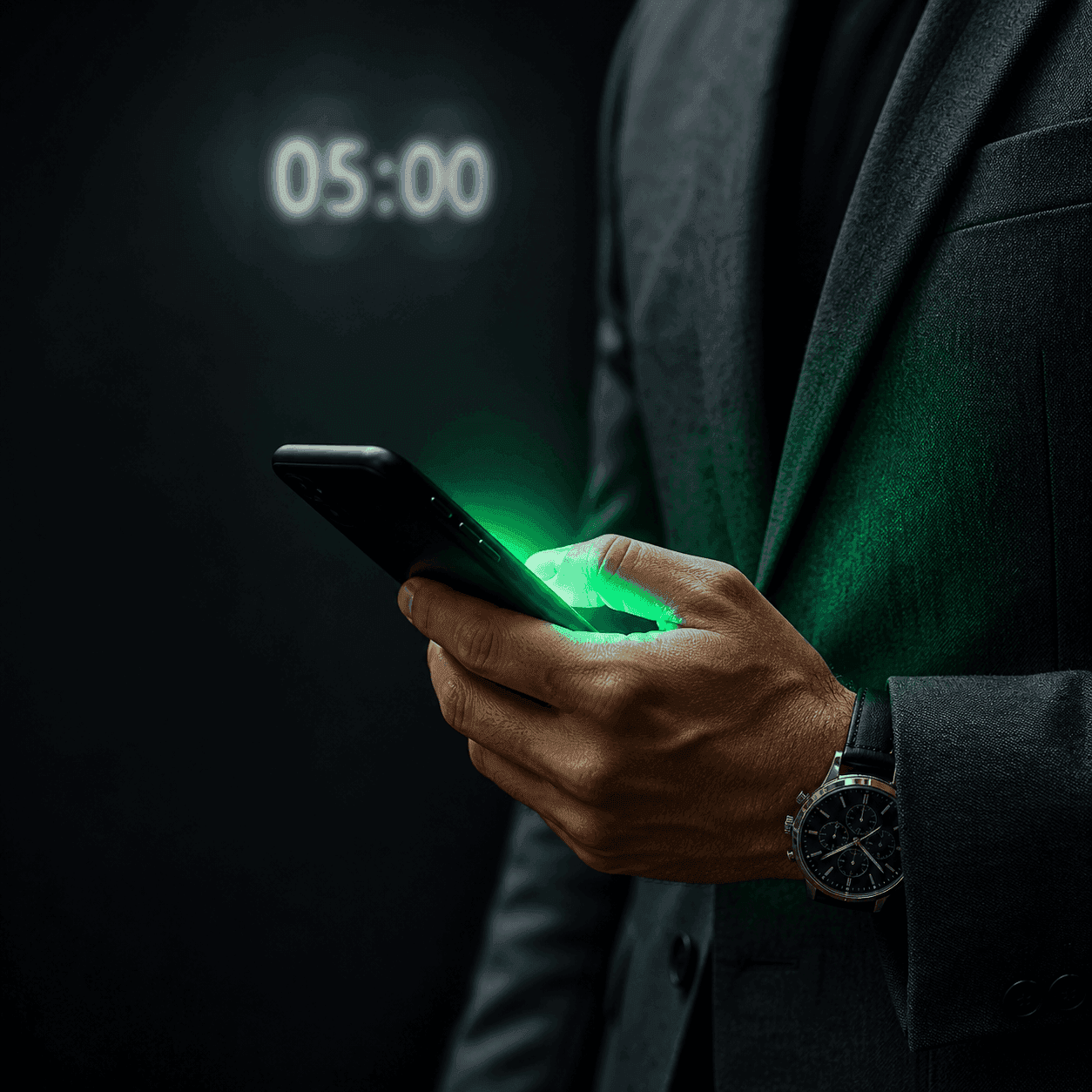 Close-up of a business professional in a dark suit holding a smartphone emitting a bright neon green glow, with a blurred digital timer reading 05:00 in the background. This visualizes the critical golden 5-minute response time required to answer new lead inquiries and maximize sales conversion rates.