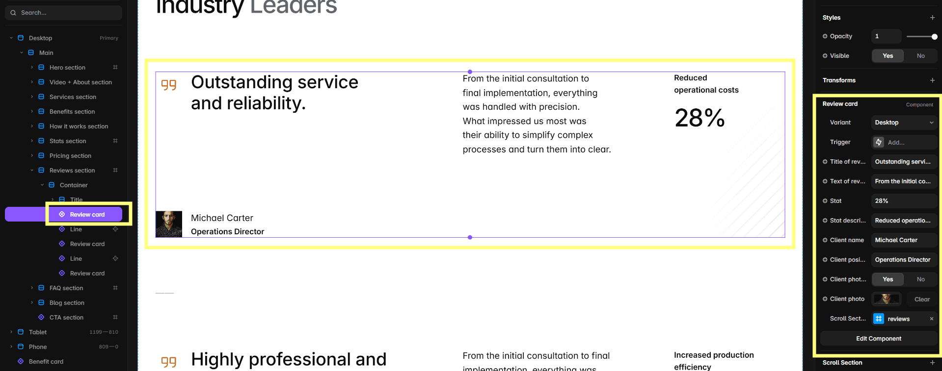 Editing a customer review card in Tilanium